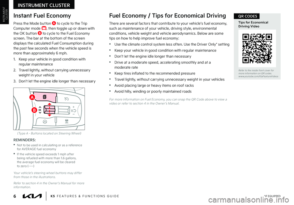 KIA K5 2023  Features and Functions Guide *IF EQUIPPED6K5  FEATURES & FUNCTIONS GUIDE
INSTRUMENT CLUSTER
Fuel Economy / Tips for Economical Driving
There are several factors that contribute to your vehicle’s fuel economy, such as maintenanc