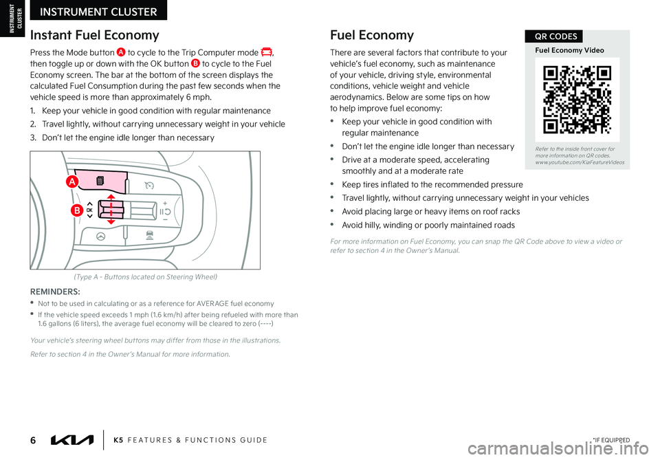 KIA K5 2022 Features and Functions Guide *IF EQUIPPED6K5 FEATURES & FUNCTIONS GUIDE
INSTRUMENT CLUSTER
INSTRUMENT CLUSTER
Fuel Economy
There are several factors that contribute to your vehicle’s fuel economy, such as maintenance of your v KIA K5 2022 Features and Functions Guide *IF EQUIPPED6K5 FEATURES & FUNCTIONS GUIDE
INSTRUMENT CLUSTER
INSTRUMENT CLUSTER
Fuel Economy
There are several factors that contribute to your vehicle’s fuel economy, such as maintenance of your v