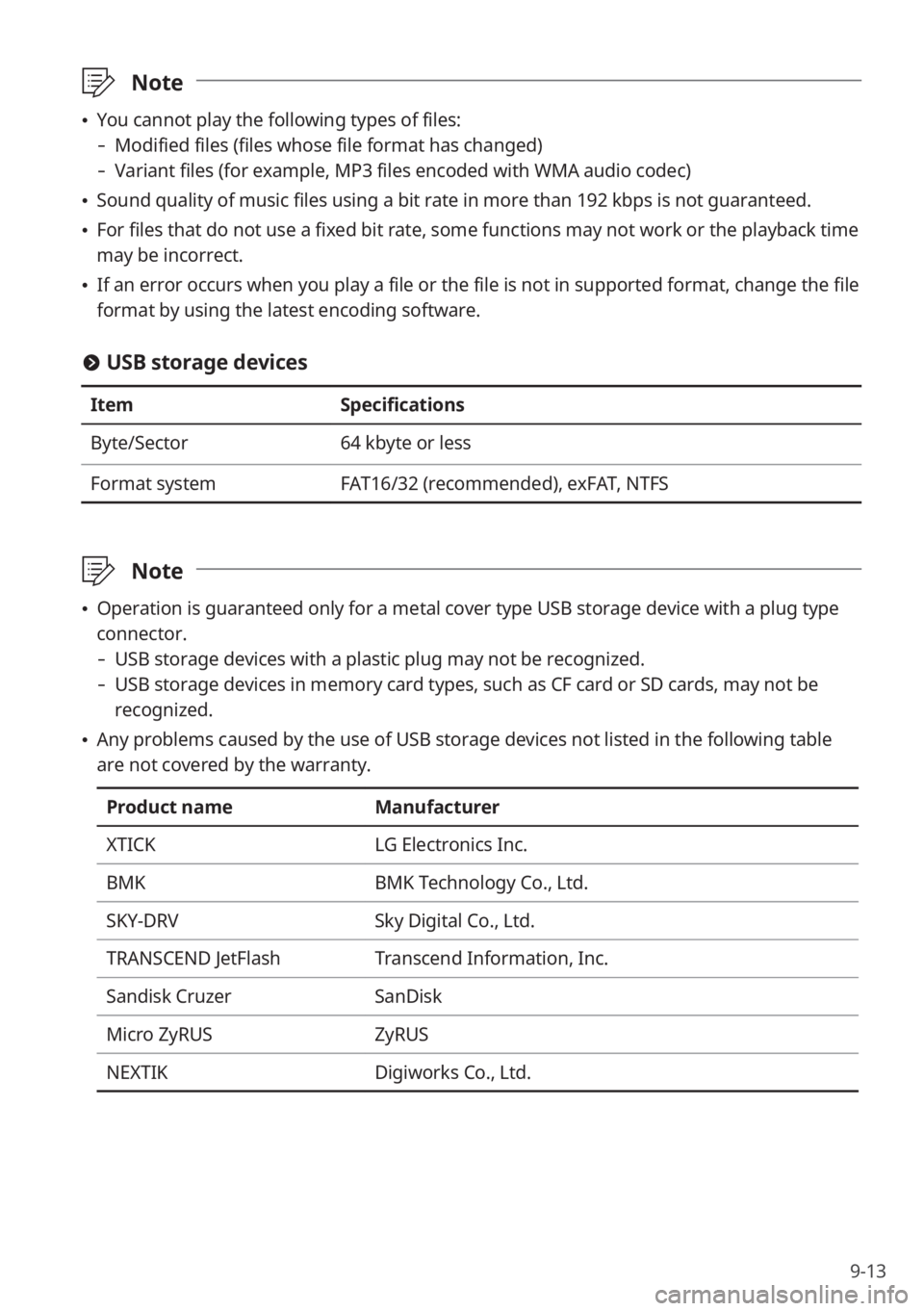 KIA K5 2022 Quick Start Guide Base Audio 9-13
\333Note
\225You cannot play the following types of files:
- Modified files (files whose file format has changed)
-Variant files (for example, MP3 files encoded with WMA audio codec)
\225Sou KIA K5 2022 Quick Start Guide Base Audio 9-13
\333Note
\225You cannot play the following types of files:
- Modified files (files whose file format has changed)
-Variant files (for example, MP3 files encoded with WMA audio codec)
\225Sou