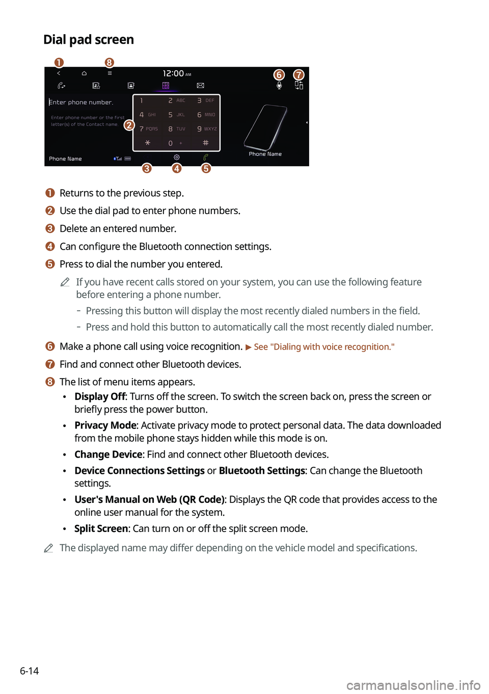 KIA K5 2022 Navigation System Quick Reference Guide 6-14
Dial pad screen
\037
\036\035\034
\033
\032
\031
\030
a a Returns to the previous step.
b b Use the dial pad to enter phone numbers.
c c Delete an entered number.
d d Can configure the Bluetooth KIA K5 2022 Navigation System Quick Reference Guide 6-14
Dial pad screen
\037
\036\035\034
\033
\032
\031
\030
a a Returns to the previous step.
b b Use the dial pad to enter phone numbers.
c c Delete an entered number.
d d Can configure the Bluetooth