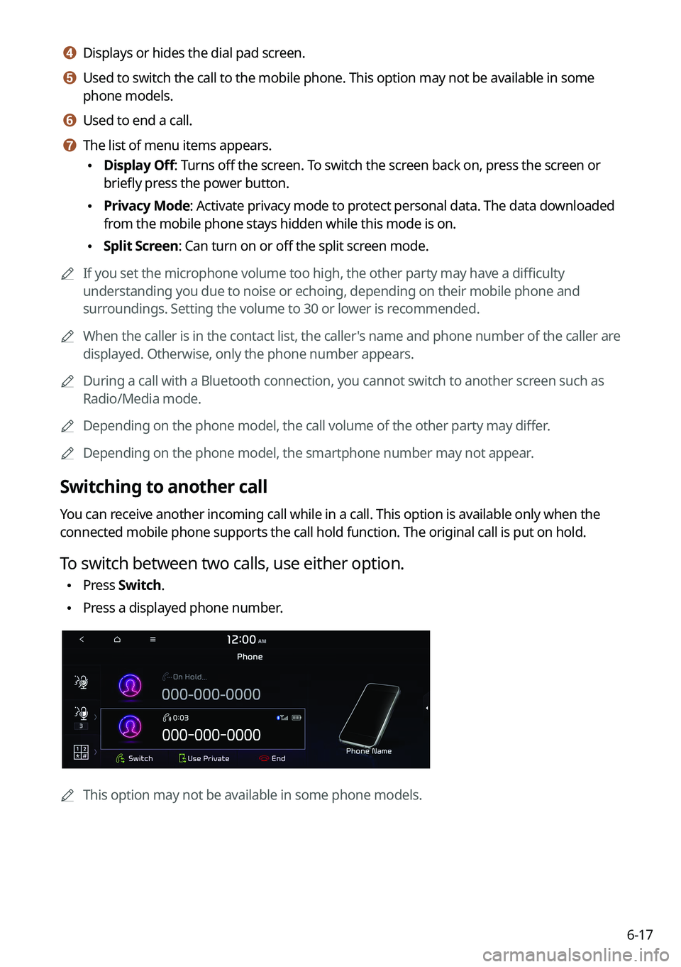 KIA K5 2022 Navigation System Quick Reference Guide 6-17
d d Displays or hides the dial pad screen.
e e Used to switch the call to the mobile phone. This option may not be avai\
lable in some
phone models.
f f Used to end a call.
g g The list of menu KIA K5 2022 Navigation System Quick Reference Guide 6-17
d d Displays or hides the dial pad screen.
e e Used to switch the call to the mobile phone. This option may not be avai\
lable in some
phone models.
f f Used to end a call.
g g The list of menu