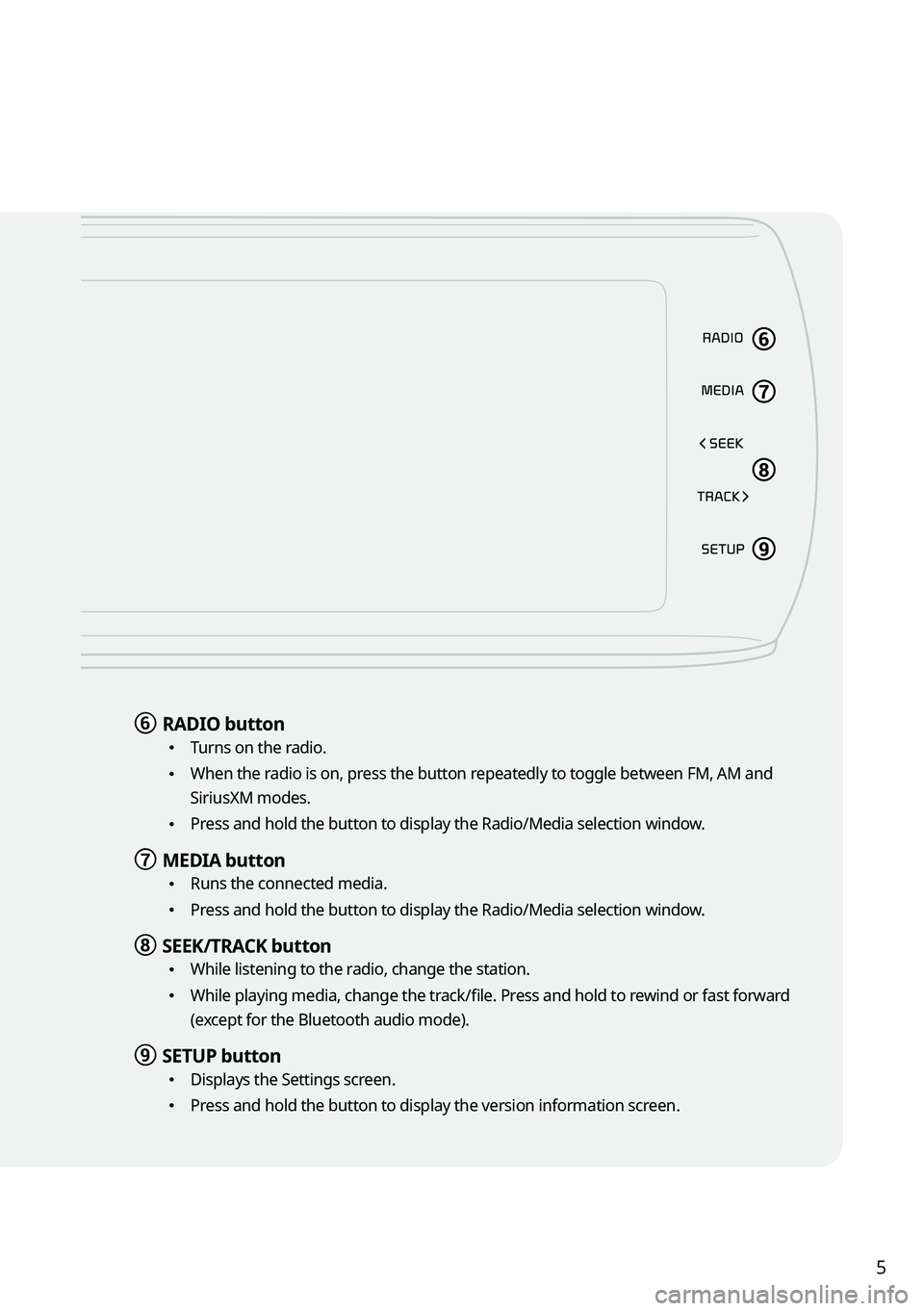 KIA K5 2022 Navigation System Quick Reference Guide 5
f f RADIO button
\225
Turns on the radio.
\225When the radio is on, press the button repeatedly to toggle between FM, AM and
SiriusXM modes.
\225Press and hold the button to display the Radio/Me KIA K5 2022 Navigation System Quick Reference Guide 5
f f RADIO button
\225
Turns on the radio.
\225When the radio is on, press the button repeatedly to toggle between FM, AM and
SiriusXM modes.
\225Press and hold the button to display the Radio/Me
