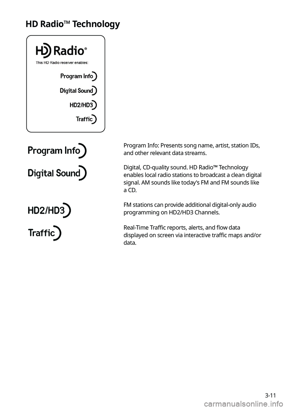 KIA K5 2022 Navigation System Quick Reference Guide 3-11
HD Radio™ Technology
Program Info: Presents song name, artist, station IDs,
and other relevant data streams.
Digital, CD-quality sound. HD Radio™ Technology
enables local radio stations to KIA K5 2022 Navigation System Quick Reference Guide 3-11
HD Radio™ Technology
Program Info: Presents song name, artist, station IDs,
and other relevant data streams.
Digital, CD-quality sound. HD Radio™ Technology
enables local radio stations to
