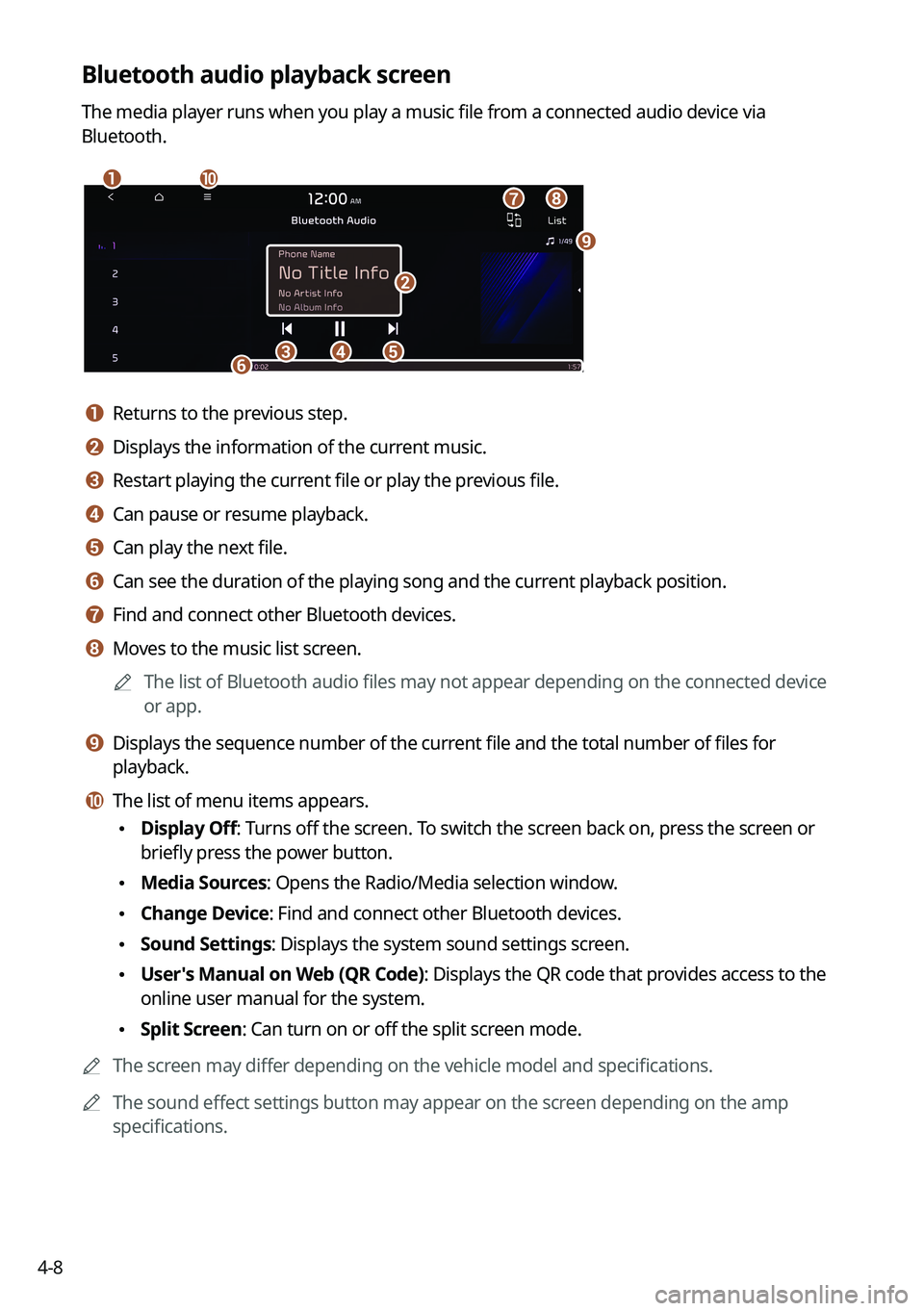 KIA K5 2022 Navigation System Quick Reference Guide 4-8
Bluetooth audio playback screen
The media player runs when you play a music file from a connected audio device via
Bluetooth.
\037\036
\035
\034\033\032\031
\030
\027
\026
a a Returns to the prev KIA K5 2022 Navigation System Quick Reference Guide 4-8
Bluetooth audio playback screen
The media player runs when you play a music file from a connected audio device via
Bluetooth.
\037\036
\035
\034\033\032\031
\030
\027
\026
a a Returns to the prev
