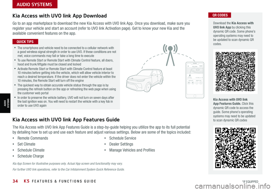 KIA K5 2021 Features and Functions Guide 34*IF EQUIPPED K5 FEATURES & FUNCTIONS GUIDE
AUDIO SYSTEMS
AUDIOSYSTEMS
Kia Access with UVO link App DownloadQR CODES
Kia Access with UVO link App Features Guide. Click this dynamic QR code to access KIA K5 2021 Features and Functions Guide 34*IF EQUIPPED K5 FEATURES & FUNCTIONS GUIDE
AUDIO SYSTEMS
AUDIOSYSTEMS
Kia Access with UVO link App DownloadQR CODES
Kia Access with UVO link App Features Guide. Click this dynamic QR code to access