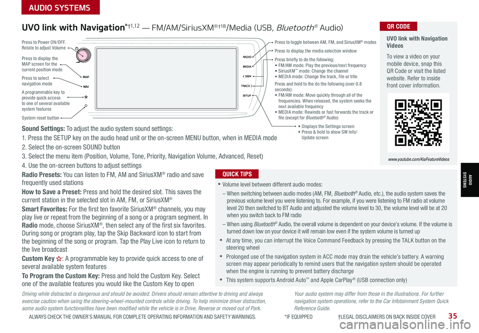 KIA K5 2021  Features and Functions Guide 35ALWAYS CHECK THE OWNER’S MANUAL FOR COMPLETE OPER ATING INFORMATION AND SAFET Y WARNINGS.  *IF EQUIPPED                     †LEGAL DISCL AIMERS ON BACK INSIDE COVER
Driving while distracted is d