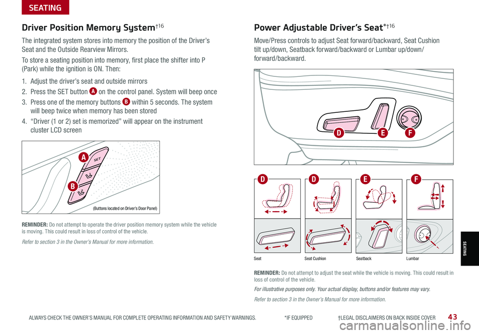 KIA K5 2021 Features and Functions Guide ALWAYS CHECK THE OWNER’S MANUAL FOR COMPLETE OPER ATING INFORMATION AND SAFET Y WARNINGS. *IF EQUIPPED †LEGAL DISCL AIMERS ON BACK INSIDE COVER43
SeatbackLumbarSeatSeat Cushio KIA K5 2021 Features and Functions Guide ALWAYS CHECK THE OWNER’S MANUAL FOR COMPLETE OPER ATING INFORMATION AND SAFET Y WARNINGS. *IF EQUIPPED †LEGAL DISCL AIMERS ON BACK INSIDE COVER43
SeatbackLumbarSeatSeat Cushio