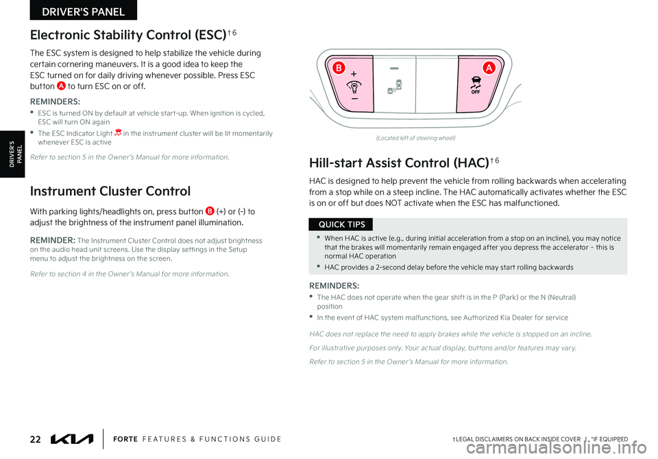 KIA FORTE 2023  Features and Functions Guide 22†LEGAL DISCL AIMERS ON BACK INSIDE COVER   |   *IF EQUIPPEDFORTE  FEATURES & FUNCTIONS GUIDE
(Located left of steering wheel)
Refer to section 5 in the Owner ’s Manual for more information 
HAC 
