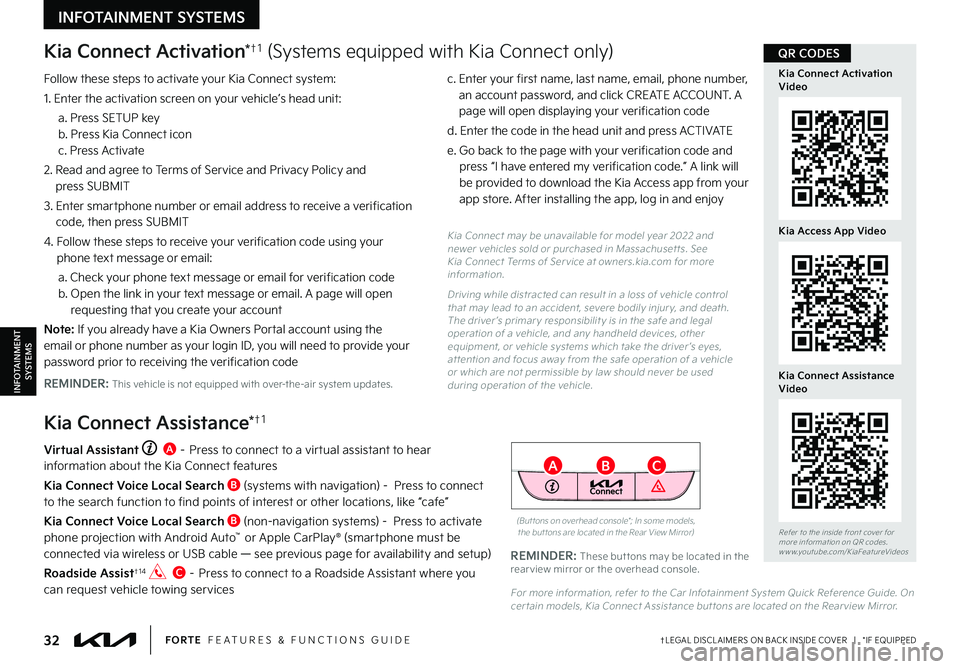 KIA FORTE 2023 Features and Functions Guide 32†LEGAL DISCL AIMERS ON BACK INSIDE COVER | *IF EQUIPPEDFORTE FEATURES & FUNCTIONS GUIDE
Kia Connect Activation*†1 (Systems equipped with Kia Connect only)
Follow these steps to activate you KIA FORTE 2023 Features and Functions Guide 32†LEGAL DISCL AIMERS ON BACK INSIDE COVER | *IF EQUIPPEDFORTE FEATURES & FUNCTIONS GUIDE
Kia Connect Activation*†1 (Systems equipped with Kia Connect only)
Follow these steps to activate you