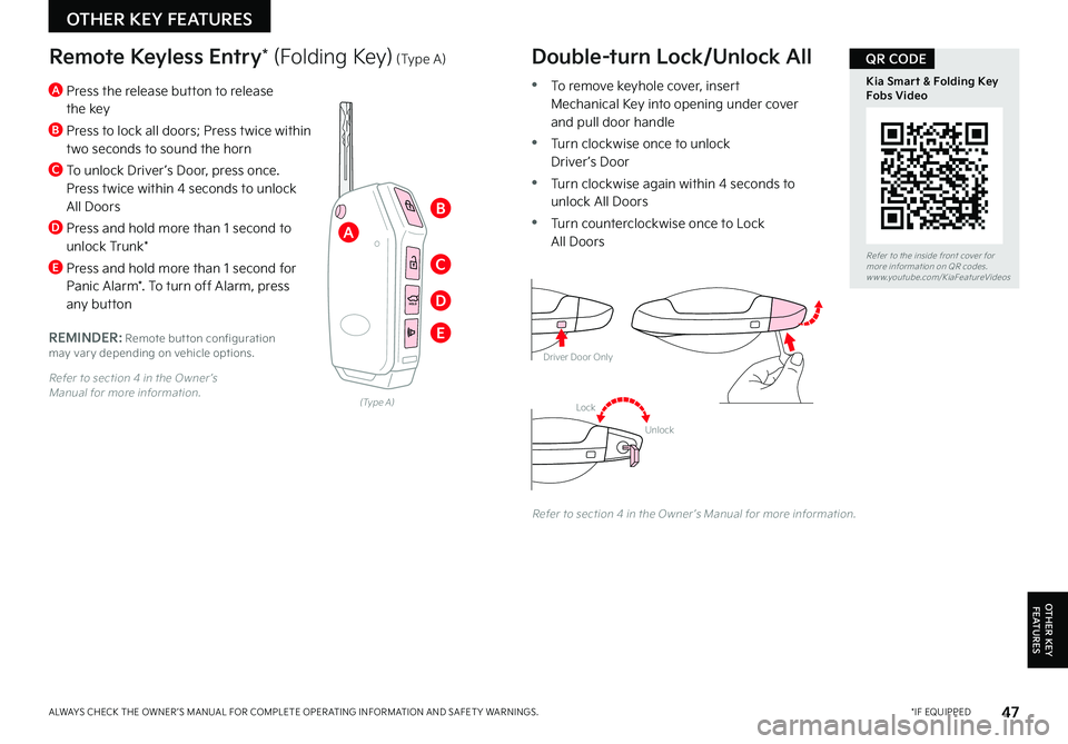 KIA FORTE 2023 Features and Functions Guide 47*IF EQUIPPEDALWAYS CHECK THE OWNER ’S MANUAL FOR COMPLETE OPER ATING INFORMATION AND SAFET Y WARNINGS
HOLD
Driver Door Only
Remote Keyless Entry* (Folding Key) (Type A)
A Press the release butt KIA FORTE 2023 Features and Functions Guide 47*IF EQUIPPEDALWAYS CHECK THE OWNER ’S MANUAL FOR COMPLETE OPER ATING INFORMATION AND SAFET Y WARNINGS
HOLD
Driver Door Only
Remote Keyless Entry* (Folding Key) (Type A)
A Press the release butt