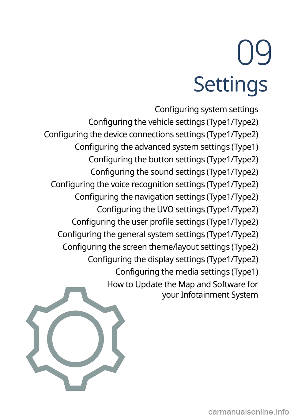 KIA FORTE 2023 Navigation System Quick Reference Guide Settings
Configuring system settings
Configuring the vehicle settings (Type1/ Type2)
Configuring the device connections settings (Type1/ Type2)
Configuring the advanced system settings (Type1) Confi KIA FORTE 2023 Navigation System Quick Reference Guide Settings
Configuring system settings
Configuring the vehicle settings (Type1/ Type2)
Configuring the device connections settings (Type1/ Type2)
Configuring the advanced system settings (Type1) Confi