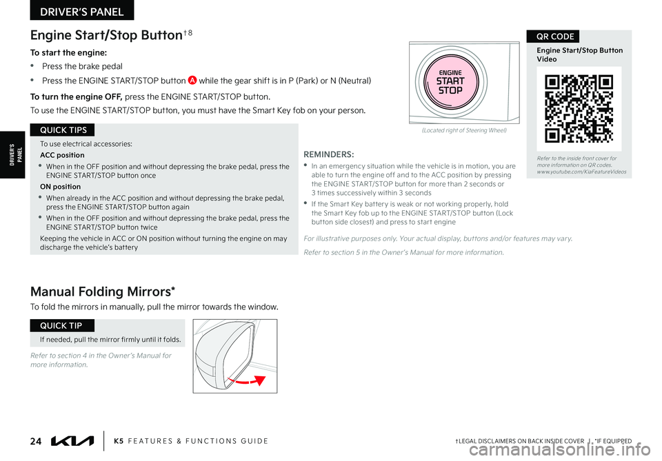 KIA FORTE 2022  Features and Functions Guide †LEGAL DISCL AIMERS ON BACK INSIDE COVER   |   *IF EQUIPPED24K5  FEATURES & FUNCTIONS GUIDE
DRIVER’SPANEL
DRIVER’S PANEL
Refer to section 4 in the Owner ’s Manual for more information.
If need