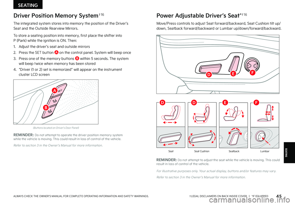 KIA FORTE 2022  Features and Functions Guide †LEGAL DISCL AIMERS ON BACK INSIDE COVER   |   *IF EQUIPPEDALWAYS CHECK THE OWNER ’S MANUAL FOR COMPLETE OPER ATING INFORMATION AND SAFET Y WARNINGS. 45
REMINDER: Do not at tempt to operate the dr