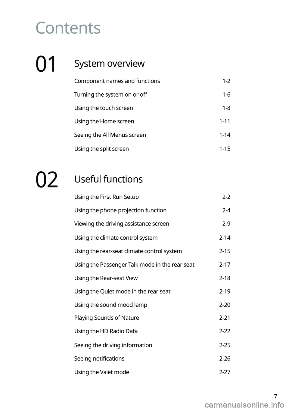 KIA FORTE 2022  Navigation System Quick Reference Guide 7
Contents
01  System overview
Component names and functions 1-2
Turning the system on or off 1-6
Using the touch screen 1-8
Using the Home screen 1-11
Seeing the All Menus screen 1-14
Using the split