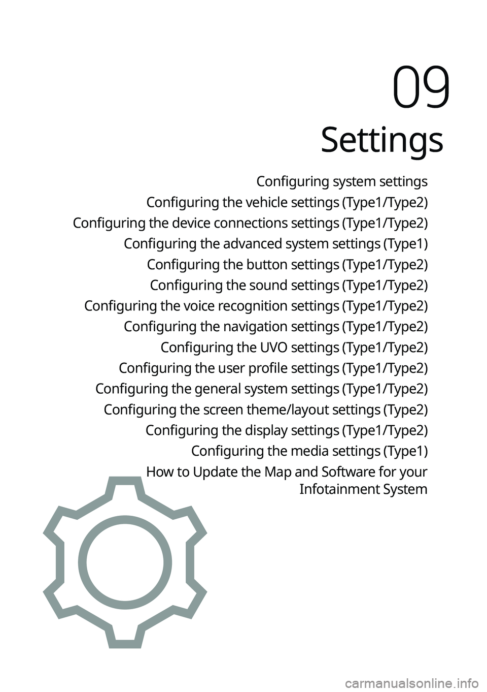 KIA FORTE 2022  Navigation System Quick Reference Guide Settings
Configuring system settings
Configuring the vehicle settings (Type1/ Type2)
Configuring the device connections settings (Type1/ Type2)
Configuring the advanced system settings (Type1) Configu