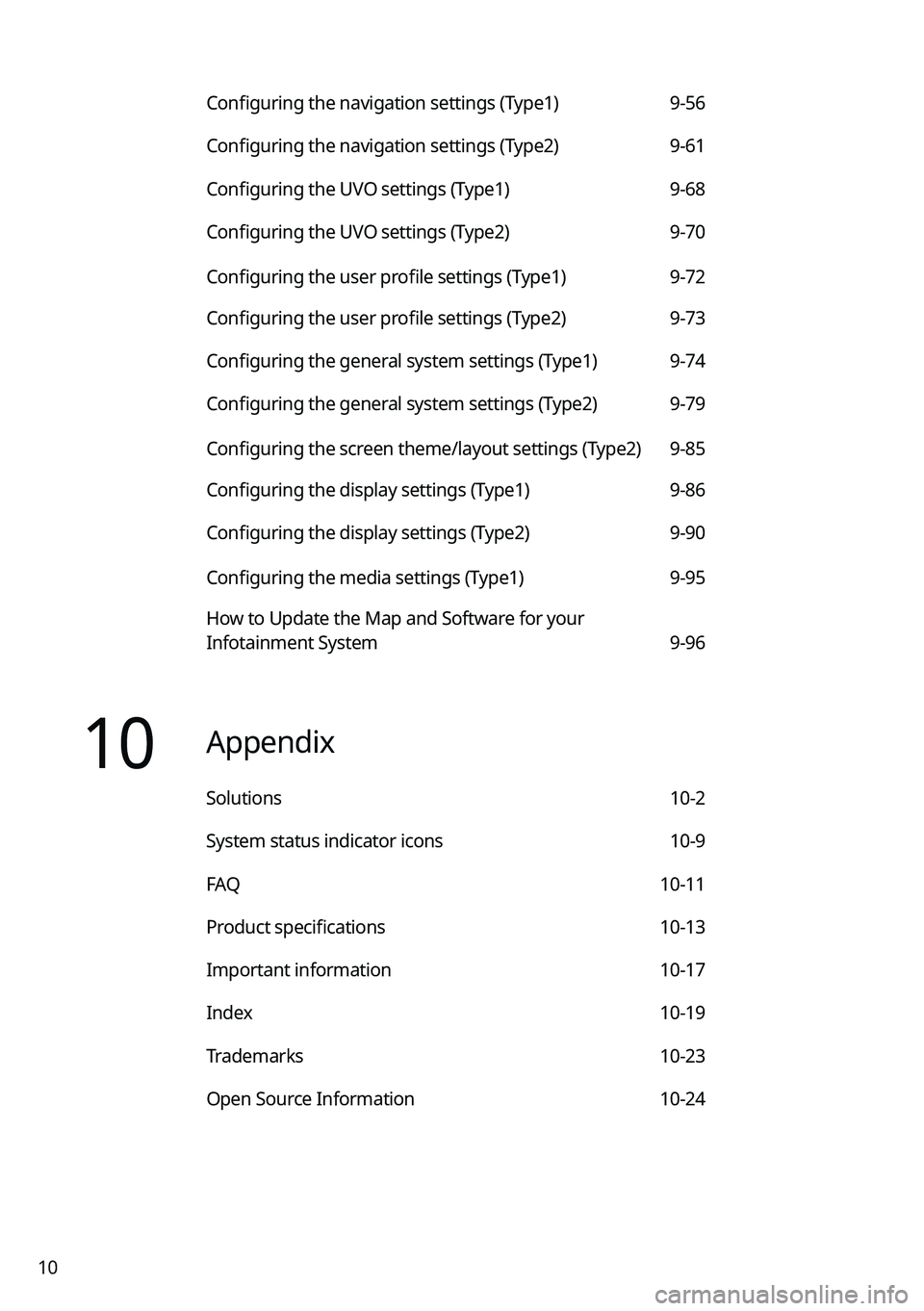 KIA FORTE 2022  Navigation System Quick Reference Guide 10
Configuring the navigation settings (Type1) 9-56
Configuring the navigation settings (Type2) 9-61
Configuring the UVO settings (Type1) 9-68
Configuring the UVO settings (Type2) 9-70
Configuring the