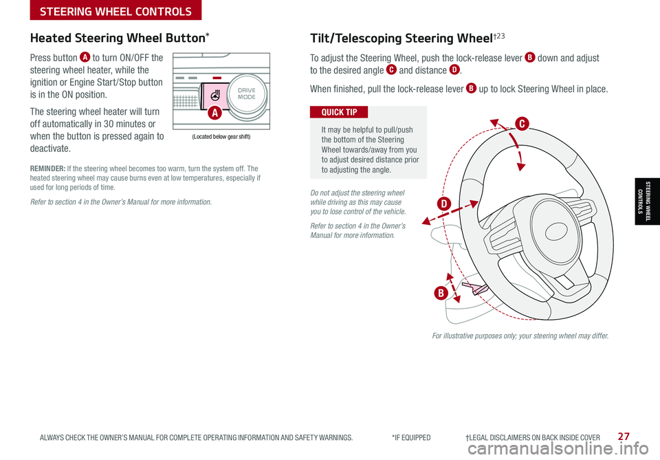 KIA FORTE 2021 Features and Functions Guide 27ALWAYS CHECK THE OWNER’S MANUAL FOR COMPLETE OPER ATING INFORMATION AND SAFET Y WARNINGS. *IF EQUIPPED †LEGAL DISCL AIMERS ON BACK INSIDE COVER
STEERING WHEEL CONTROLS
STEER KIA FORTE 2021 Features and Functions Guide 27ALWAYS CHECK THE OWNER’S MANUAL FOR COMPLETE OPER ATING INFORMATION AND SAFET Y WARNINGS. *IF EQUIPPED †LEGAL DISCL AIMERS ON BACK INSIDE COVER
STEERING WHEEL CONTROLS
STEER