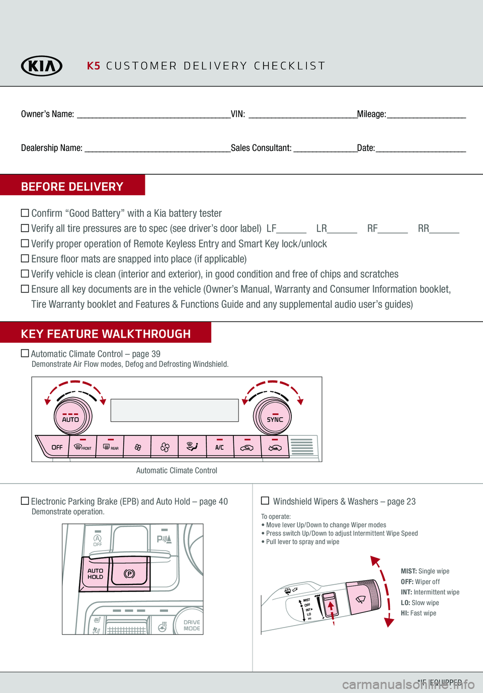 KIA FORTE 2021  Features and Functions Guide *IF  EQUIPPED
BEFORE DELIVERYOwner’s Name: 
 _________________________________________
VIN:
 _____________________________
Mileage:
 _____________________
Dealership Name:
 _________________________