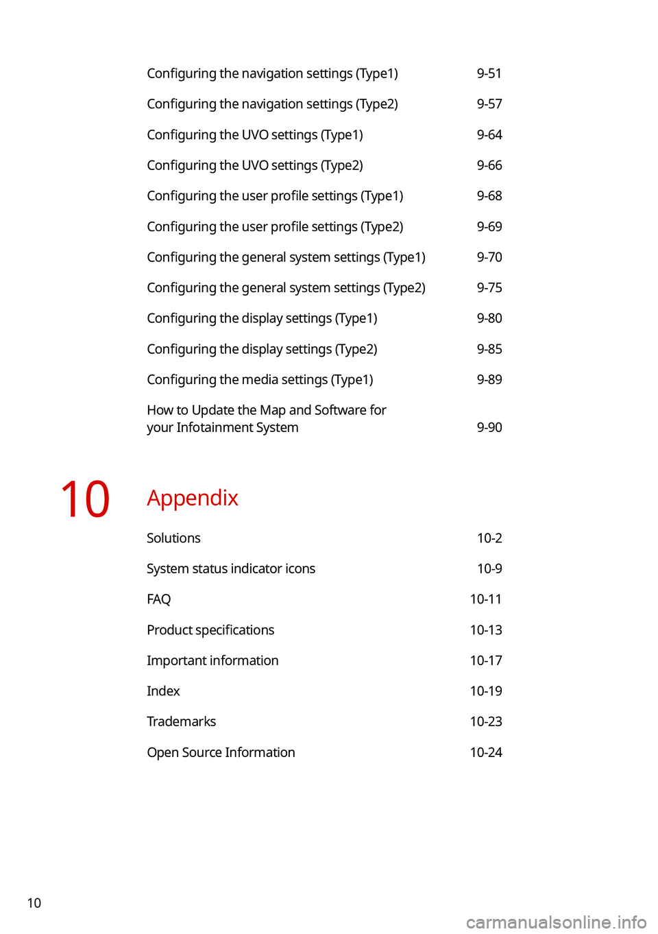 KIA FORTE 2021 Navigation System Quick Reference Guide 10
Configuring the navigation settings (Type1) 9-51
Configuring the navigation settings (Type2) 9-57
Configuring the UVO settings (Type1) 9-64
Configuring the UVO settings (Type2) 9-66
Configuring the KIA FORTE 2021 Navigation System Quick Reference Guide 10
Configuring the navigation settings (Type1) 9-51
Configuring the navigation settings (Type2) 9-57
Configuring the UVO settings (Type1) 9-64
Configuring the UVO settings (Type2) 9-66
Configuring the