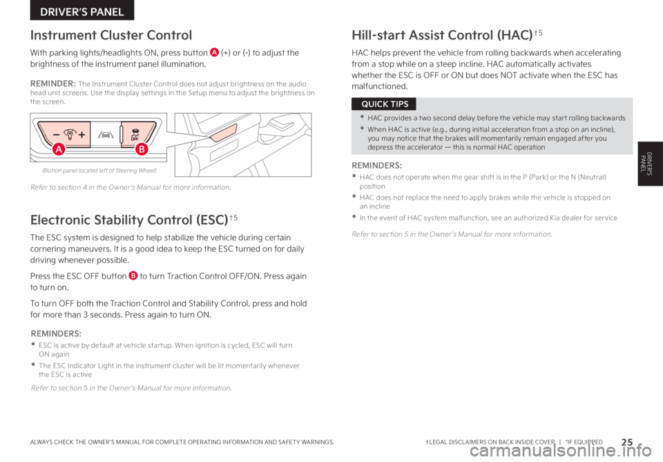 KIA CARNIVAL 2023 Features and Functions Guide ALWAYS CHECK THE OWNER ’S MANUAL FOR COMPLETE OPER ATING INFORMATION AND SAFET Y WARNINGS. 25
Electronic Stability Control (ESC)†5
The ESC system is designed to help stabilize the vehicle during c KIA CARNIVAL 2023 Features and Functions Guide ALWAYS CHECK THE OWNER ’S MANUAL FOR COMPLETE OPER ATING INFORMATION AND SAFET Y WARNINGS. 25
Electronic Stability Control (ESC)†5
The ESC system is designed to help stabilize the vehicle during c