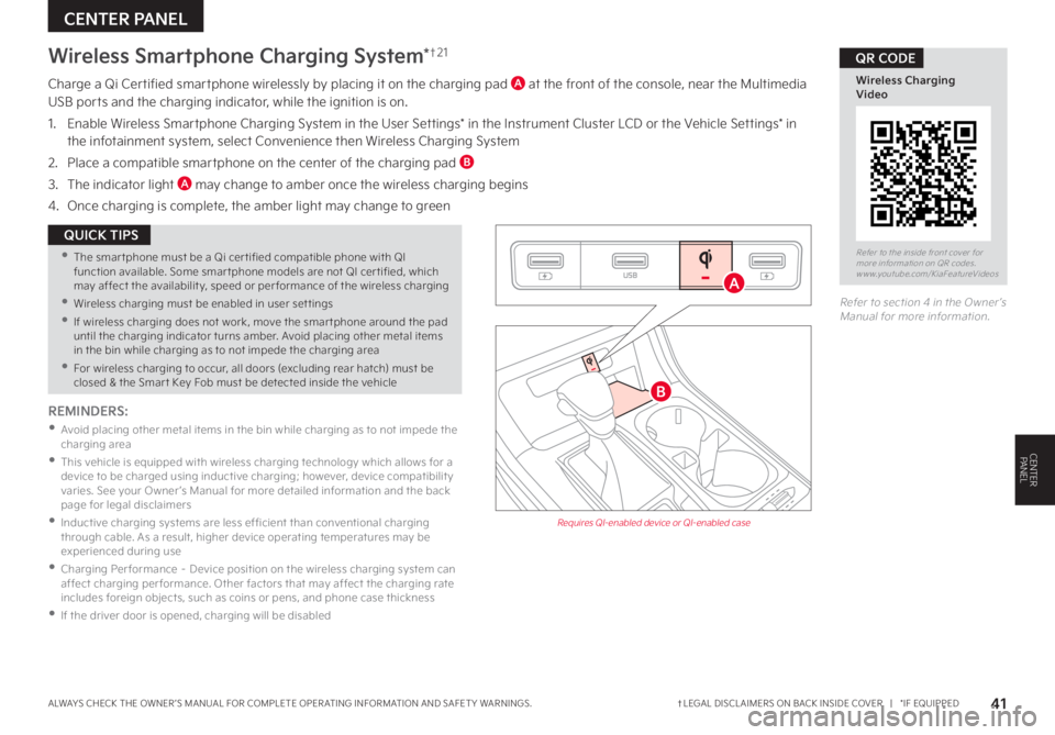 KIA CARNIVAL 2023  Features and Functions Guide ALWAYS CHECK THE OWNER ’S MANUAL FOR COMPLETE OPER ATING INFORMATION AND SAFET Y WARNINGS. 41
Wireless Smartphone Charging System*†2 1
Charge a Qi Certified smartphone wirelessly by placing it on 