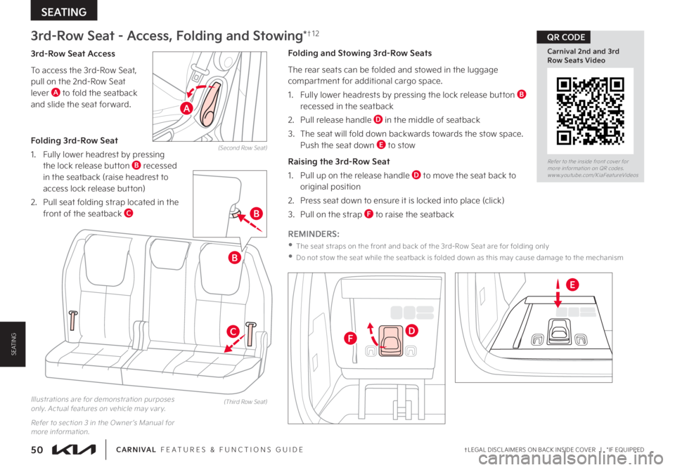 KIA CARNIVAL 2023 Features and Functions Guide †LEGAL DISCL AIMERS ON BACK INSIDE COVER | *IF EQUIPPED50CARNIVAL FEATURES & FUNCTIONS GUIDE
SEATING
Folding and Stowing 3rd-Row Seats
The rear seats can be folded and stowed in the luggage co KIA CARNIVAL 2023 Features and Functions Guide †LEGAL DISCL AIMERS ON BACK INSIDE COVER | *IF EQUIPPED50CARNIVAL FEATURES & FUNCTIONS GUIDE
SEATING
Folding and Stowing 3rd-Row Seats
The rear seats can be folded and stowed in the luggage co