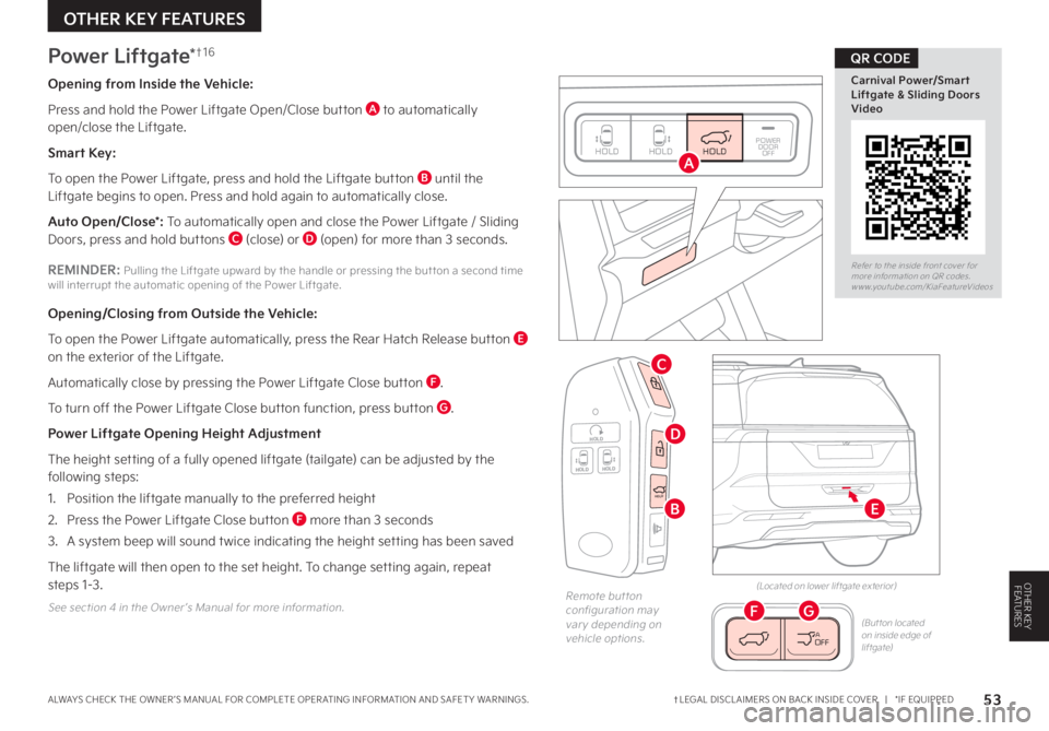 KIA CARNIVAL 2023 Features and Functions Guide †LEGAL DISCL AIMERS ON BACK INSIDE COVER | *IF EQUIPPEDALWAYS CHECK THE OWNER ’S MANUAL FOR COMPLETE OPER ATING INFORMATION AND SAFET Y WARNINGS. 53
OTHER KEY FEATURES
Refer to the inside fron KIA CARNIVAL 2023 Features and Functions Guide †LEGAL DISCL AIMERS ON BACK INSIDE COVER | *IF EQUIPPEDALWAYS CHECK THE OWNER ’S MANUAL FOR COMPLETE OPER ATING INFORMATION AND SAFET Y WARNINGS. 53
OTHER KEY FEATURES
Refer to the inside fron
