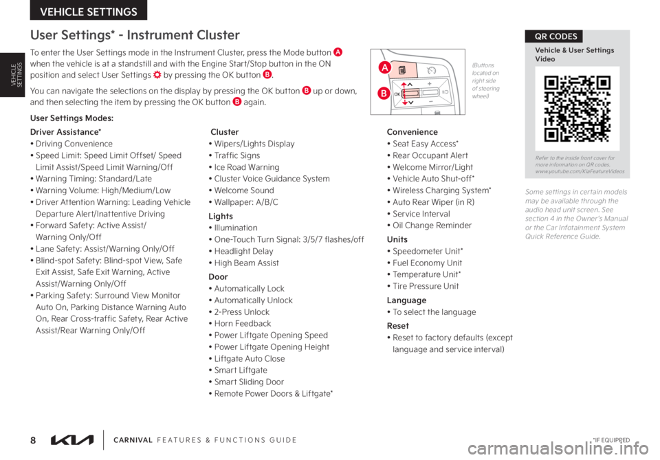 KIA CARNIVAL 2023  Features and Functions Guide 8
User Settings* - Instrument Cluster
To enter the User Settings mode in the Instrument Cluster, press the Mode button A  when the vehicle is at a standstill and with the Engine Start/Stop button in t