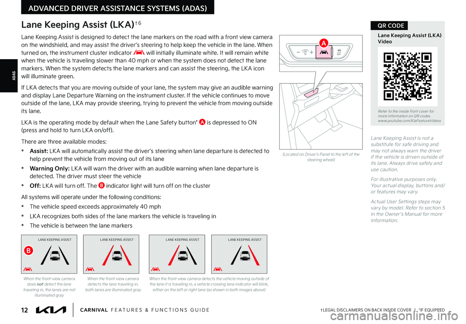 KIA CARNIVAL 2022  Features and Functions Guide †LEGAL DISCL AIMERS ON BACK INSIDE COVER   |   *IF EQUIPPED12CARNIVAL  FEATURES & FUNCTIONS GUIDE
ADAS
ADVANCED DRIVER ASSISTANCE SYSTEMS (ADAS)
L ANE KEEPING ASSISTL ANE KEEPING ASSISTL ANE KEEPING