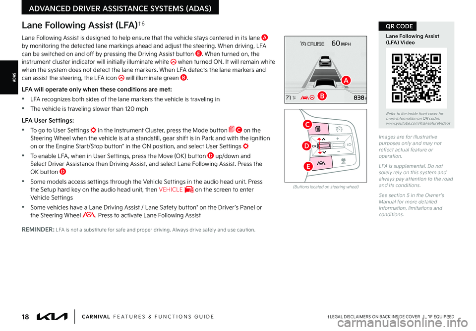 KIA CARNIVAL 2022  Features and Functions Guide ADAS
†LEGAL DISCL AIMERS ON BACK INSIDE COVER   |   *IF EQUIPPED
ADVANCED DRIVER ASSISTANCE SYSTEMS (ADAS)
18CARNIVAL  FEATURES & FUNCTIONS GUIDE
Lane Following Assist (LFA)†6
Lane Following Assis