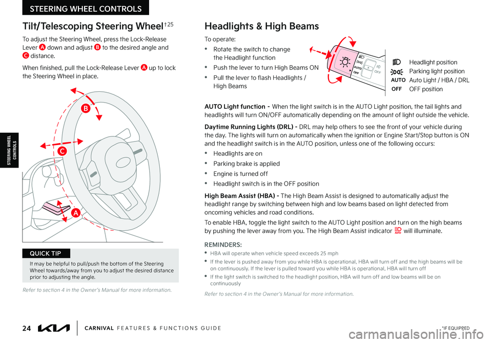 KIA CARNIVAL 2022  Features and Functions Guide *IF EQUIPPED24CARNIVAL  FEATURES & FUNCTIONS GUIDE
STEERING WHEEL CONTROLS
STEERING WHEEL CONTROLS
HOLD
HOLDPOWER
DOOR OFFHOLD
OFFOFF
AUTO
OFFOFF
AUTO
Headlight position
Parking light position 
AUTOAu