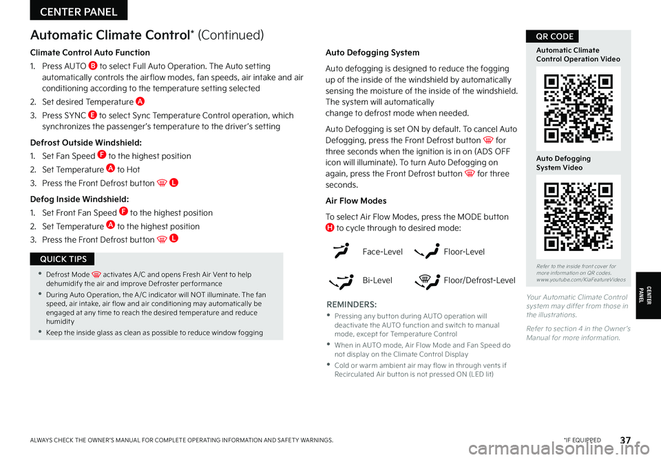 KIA CARNIVAL 2022  Features and Functions Guide *IF EQUIPPEDALWAYS CHECK THE OWNER ’S MANUAL FOR COMPLETE OPER ATING INFORMATION AND SAFET Y WARNINGS. 37
Your Automatic Climate Control system may differ from those in the illustrations. 
Refer to 