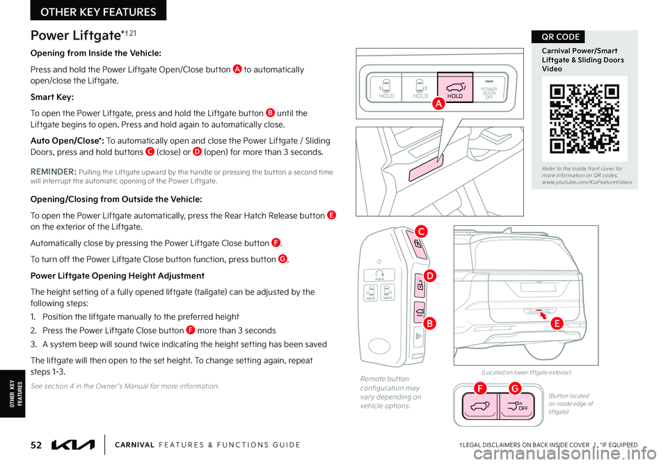 KIA CARNIVAL 2022 Features and Functions Guide Refer to the inside front cover for more information on QR codes.www.youtube.com/KiaFeatureVideos
Carnival Power/Smart Liftgate & Sliding Doors Video
QR CODE
†LEGAL DISCL AIMERS ON BACK INSIDE COV KIA CARNIVAL 2022 Features and Functions Guide Refer to the inside front cover for more information on QR codes.www.youtube.com/KiaFeatureVideos
Carnival Power/Smart Liftgate & Sliding Doors Video
QR CODE
†LEGAL DISCL AIMERS ON BACK INSIDE COV
