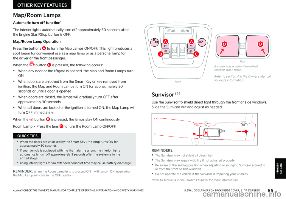 KIA CARNIVAL 2022  Features and Functions Guide REMINDERS:
 •The Sunvisor may not shield all direct light
 •The Sunvisor may impair visibilit y if not adjusted properly
 • 
Be aware of the seating position when adjusting or swinging Sunvisor 