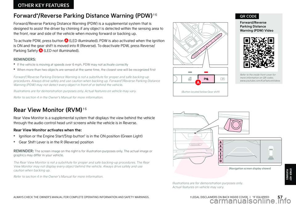 KIA CARNIVAL 2022 Features and Functions Guide Refer to the inside front cover for more information on QR codes.www.youtube.com/KiaFeatureVideos
Forward/Reverse Parking Distance Warning (PDW) Video
QR CODE
†LEGAL DISCL AIMERS ON BACK INSIDE COV KIA CARNIVAL 2022 Features and Functions Guide Refer to the inside front cover for more information on QR codes.www.youtube.com/KiaFeatureVideos
Forward/Reverse Parking Distance Warning (PDW) Video
QR CODE
†LEGAL DISCL AIMERS ON BACK INSIDE COV