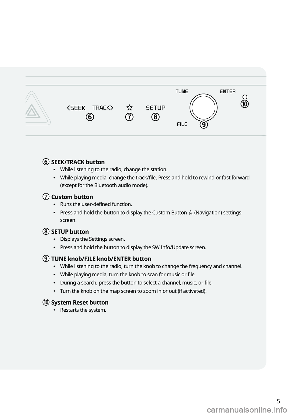 KIA CARNIVAL 2022 Navigation System Quick Reference Guide 5
f f SEEK/TRACK button
•
While listening to the radio, change the station.
•While playing media, change the track/file. Press and hold to rewind or fast forward
(except for the Bluetooth audio KIA CARNIVAL 2022 Navigation System Quick Reference Guide 5
f f SEEK/TRACK button
•
While listening to the radio, change the station.
•While playing media, change the track/file. Press and hold to rewind or fast forward
(except for the Bluetooth audio