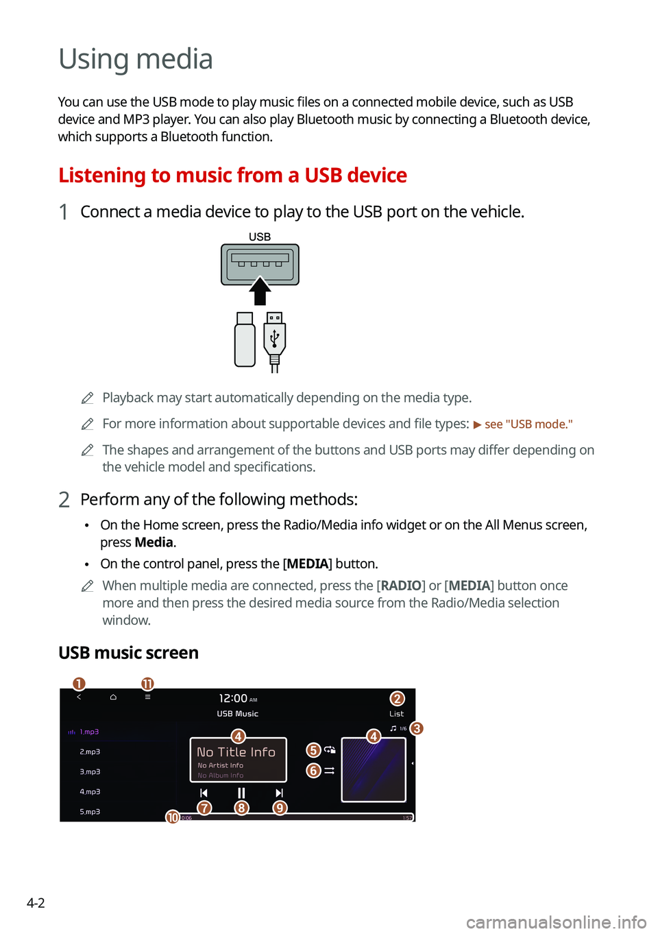 KIA CARNIVAL 2022  Navigation System Quick Reference Guide 4-2
Using media
You can use the USB mode to play music files on a connected mobile device, such as USB 
device and MP3 player. You can also play Bluetooth music by connecting a Bluetooth device, 
whic