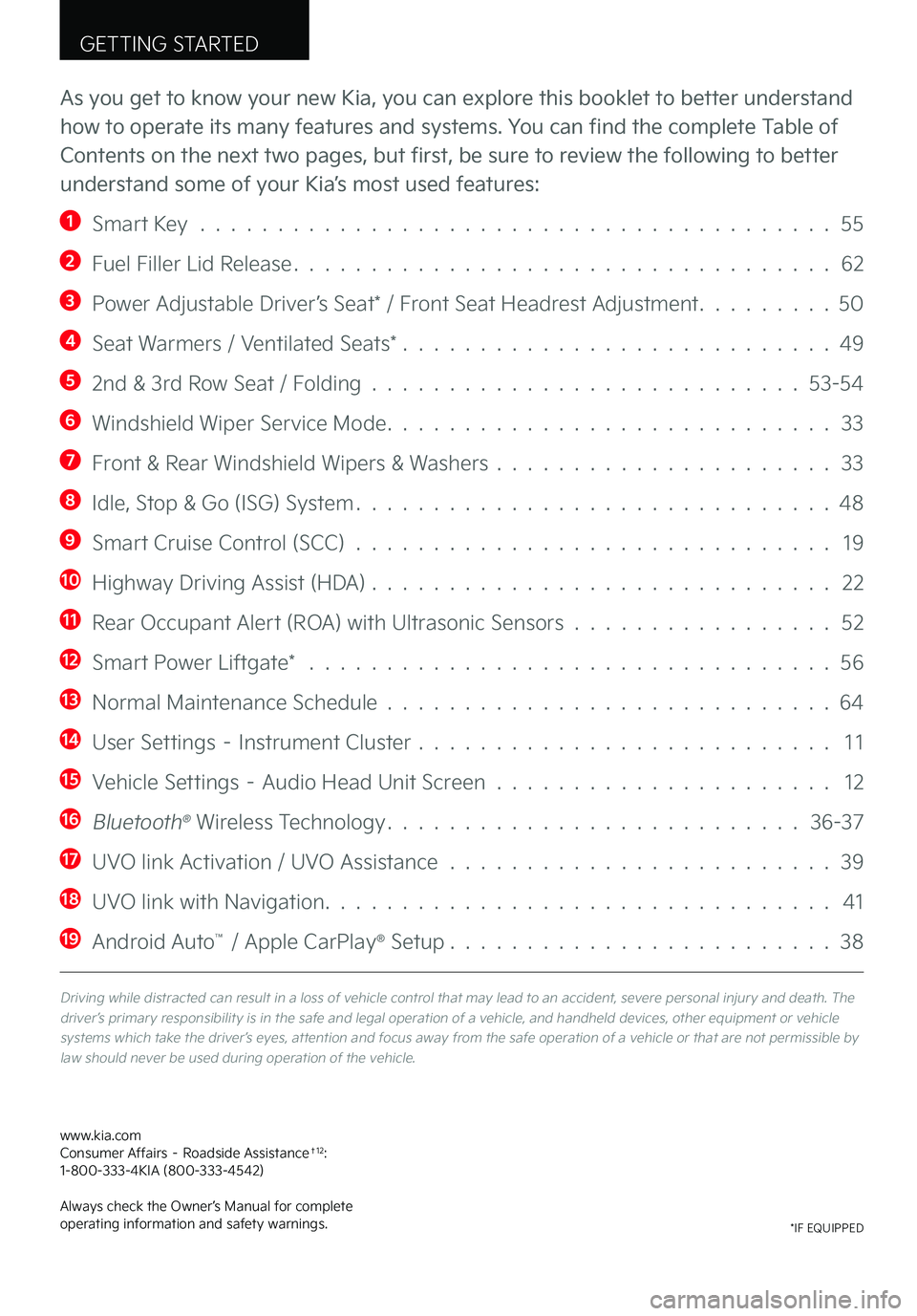 KIA TELLURIDE 2022  Features and Functions Guide GETTING STARTED
As you get to know your new Kia, you can explore this booklet to better understand 
how to operate its many features and systems. You can find the complete Table of 
Contents on the ne