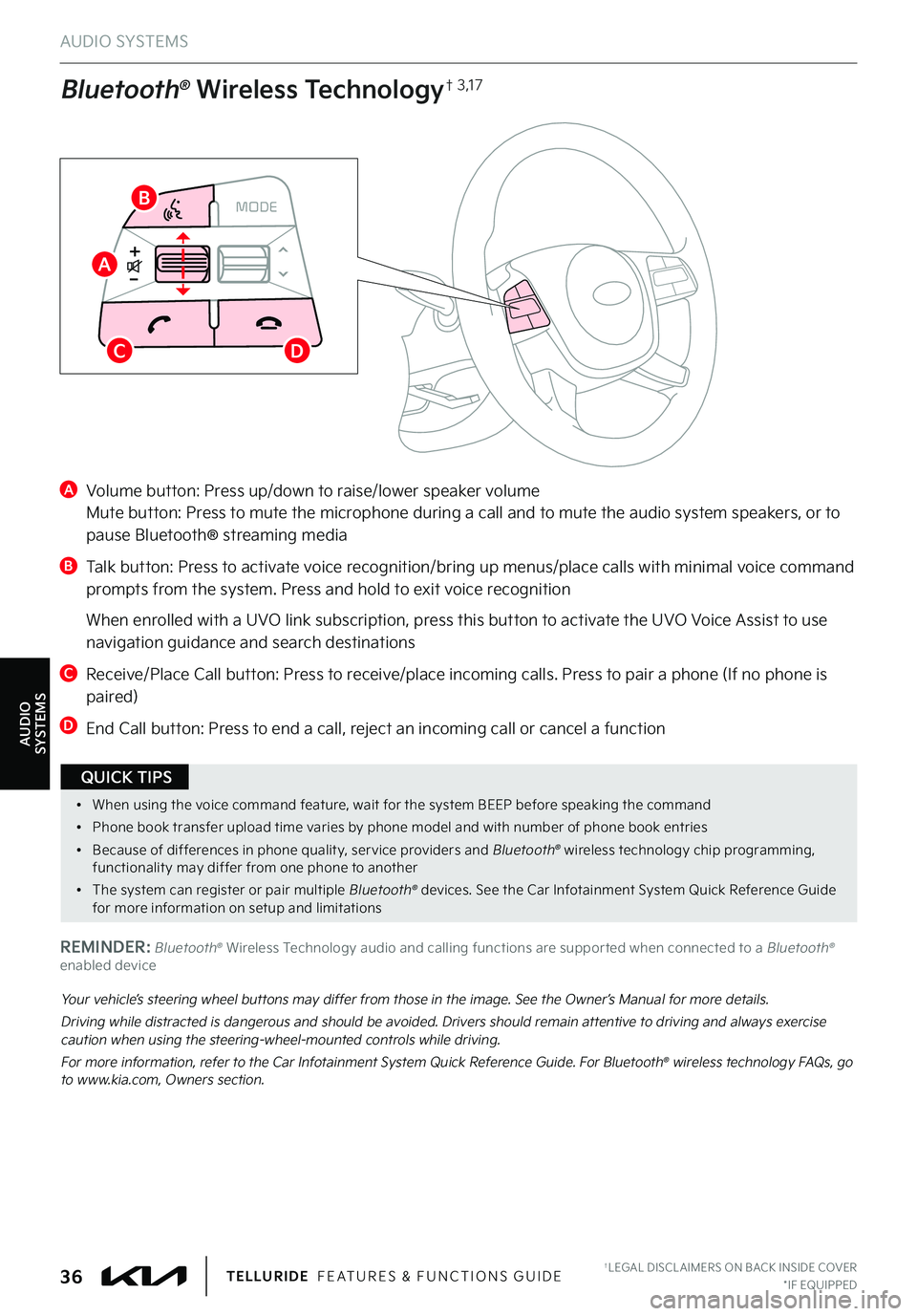 KIA TELLURIDE 2022 Features and Functions Guide Your vehicle’s steering wheel buttons may differ from those in the image . See the Owner’s Manual for more details .
Driving while distracted is dangerous and should be avoided . Drivers should re KIA TELLURIDE 2022 Features and Functions Guide Your vehicle’s steering wheel buttons may differ from those in the image . See the Owner’s Manual for more details .
Driving while distracted is dangerous and should be avoided . Drivers should re