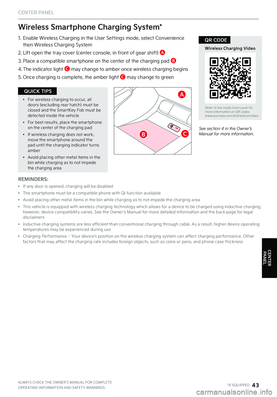 KIA TELLURIDE 2022 Features and Functions Guide CENTER PANEL
CENTER PANEL
Refer to the inside front cover for more information on QR codes .www .youtube .com/KiaFeatureVideos
Wireless Charging Video
QR CODE
ALWAYS CHECK THE OWNER ’S MANUAL FOR KIA TELLURIDE 2022 Features and Functions Guide CENTER PANEL
CENTER PANEL
Refer to the inside front cover for more information on QR codes .www .youtube .com/KiaFeatureVideos
Wireless Charging Video
QR CODE
ALWAYS CHECK THE OWNER ’S MANUAL FOR