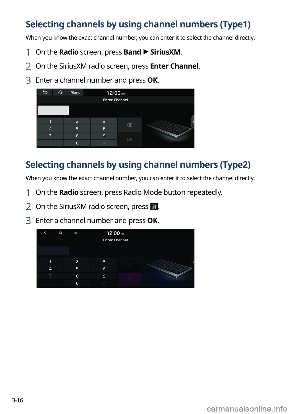 KIA TELLURIDE 2022 Navigation System Quick Reference Guide 3-16
Selecting channels by using channel numbers (Type1)
When you know the exact channel number, you can enter it to select the channel directly.
1 On the Radio screen, press Band >
SiriusXM.
2 On th KIA TELLURIDE 2022 Navigation System Quick Reference Guide 3-16
Selecting channels by using channel numbers (Type1)
When you know the exact channel number, you can enter it to select the channel directly.
1 On the Radio screen, press Band >
SiriusXM.
2 On th