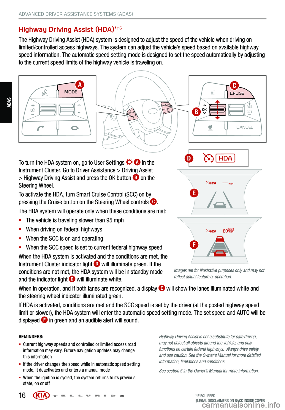 KIA TELLURIDE 2021 Features and Functions Guide 16
REMINDERS:
§ Current highway speeds and controlled or limited access road
information may vary. Future navigation updates may change
this information
§ If the driver changes the speed w KIA TELLURIDE 2021 Features and Functions Guide 16
REMINDERS:
§ Current highway speeds and controlled or limited access road
information may vary. Future navigation updates may change
this information
§ If the driver changes the speed w