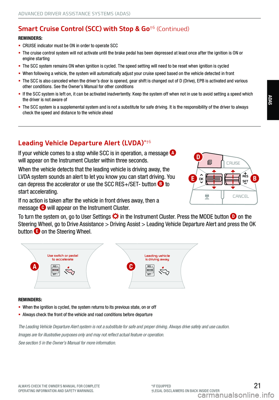 KIA TELLURIDE 2021 Features and Functions Guide 21ALWAYS CHECK THE OWNER’S MANUAL FOR COMPLE TE
OPERATING INFORMATION AND SAFETY WARNINGS. *IF EQUIPPED
†LEG AL DISCL AIMERS ON BACK INSIDE COVER
ADAS
ADVANCED DRIVER ASSISTANCE SYSTEMS (ADAS)
S KIA TELLURIDE 2021 Features and Functions Guide 21ALWAYS CHECK THE OWNER’S MANUAL FOR COMPLE TE
OPERATING INFORMATION AND SAFETY WARNINGS. *IF EQUIPPED
†LEG AL DISCL AIMERS ON BACK INSIDE COVER
ADAS
ADVANCED DRIVER ASSISTANCE SYSTEMS (ADAS)
S