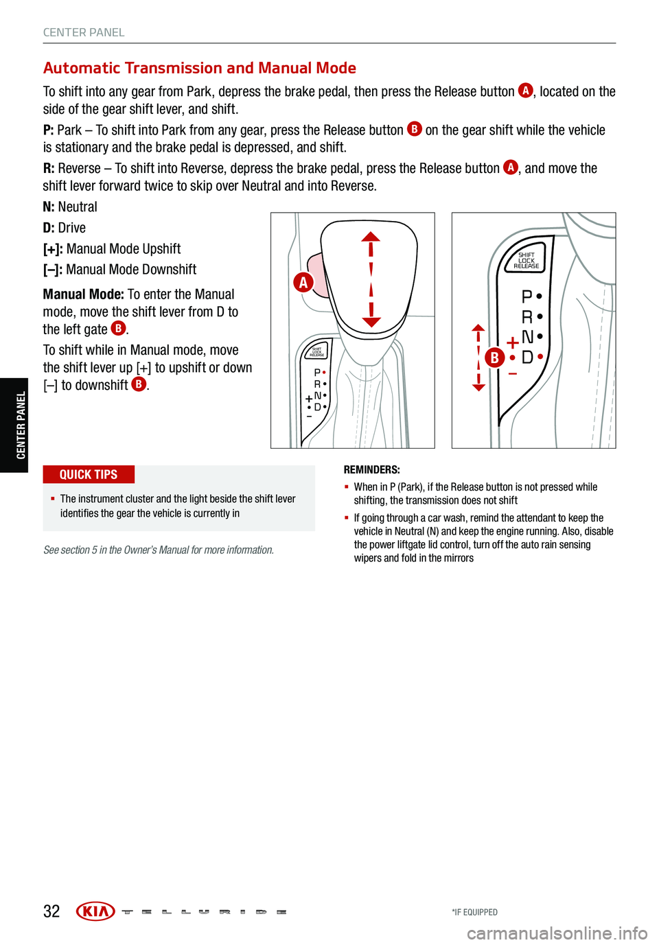 KIA TELLURIDE 2021 Features and Functions Guide 32
CENTER PANEL
CENTER PANELREMINDERS:
§ When in P (Park), if the Release button is not pressed while
shifting, the transmission does not shift
§ If going through a car wash, remind the att KIA TELLURIDE 2021 Features and Functions Guide 32
CENTER PANEL
CENTER PANELREMINDERS:
§ When in P (Park), if the Release button is not pressed while
shifting, the transmission does not shift
§ If going through a car wash, remind the att
