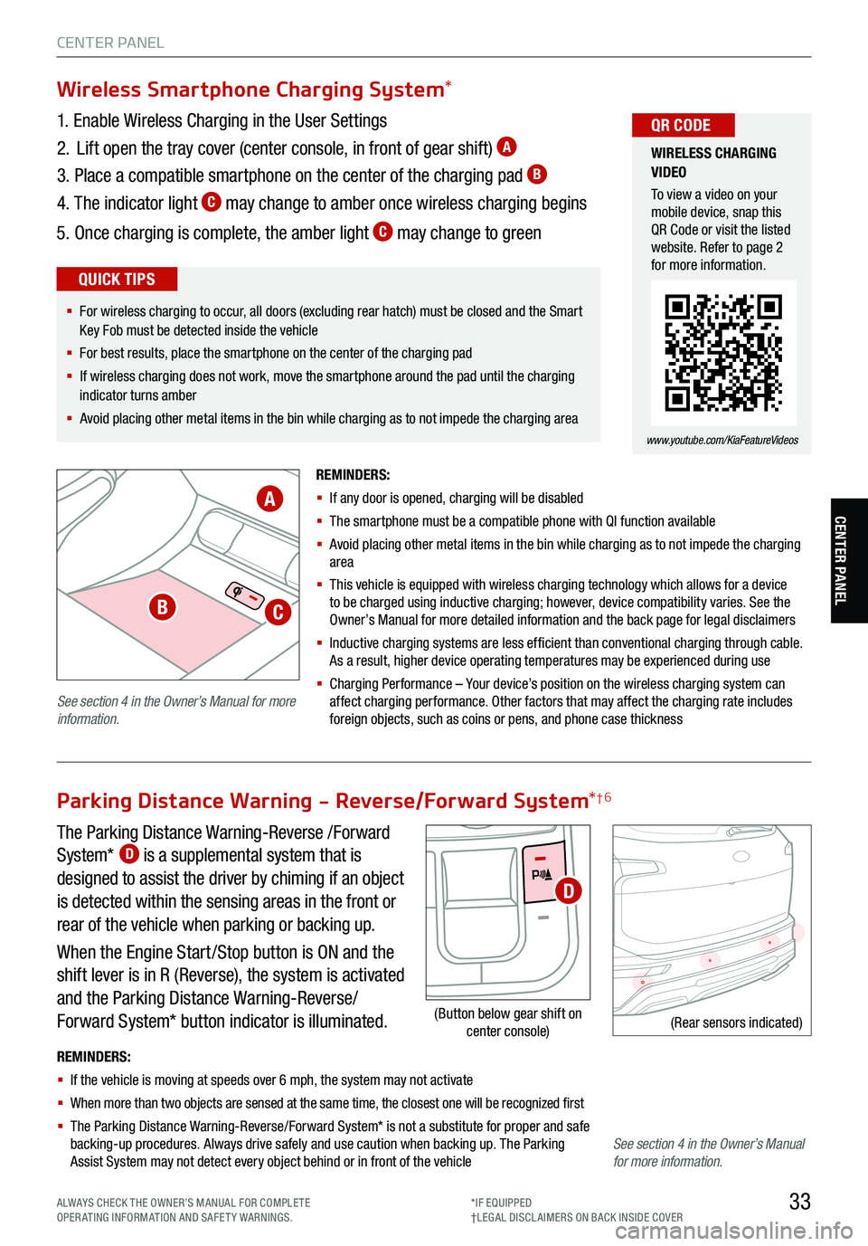 KIA TELLURIDE 2021 Features and Functions Guide 33
CENTER PANEL
CENTER PANEL
The Parking Distance Warning-Reverse /Forward
System* D is a supplemental system that is
designed to assist the driver by chiming if an object
is detected within the se KIA TELLURIDE 2021 Features and Functions Guide 33
CENTER PANEL
CENTER PANEL
The Parking Distance Warning-Reverse /Forward
System* D is a supplemental system that is
designed to assist the driver by chiming if an object
is detected within the se