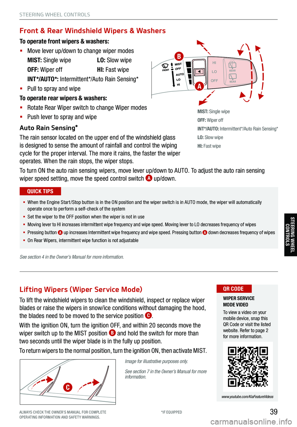 KIA TELLURIDE 2021 Features and Functions Guide 39
STEERING WHEEL CONTROLS
Headlight position
Parking Light position
AUTOAuto Light /DRL /
High Beam Assist*
OFFOFF position
To operate front wipers & washers:
§ Move lever up/down to change wip KIA TELLURIDE 2021 Features and Functions Guide 39
STEERING WHEEL CONTROLS
Headlight position
Parking Light position
AUTOAuto Light /DRL /
High Beam Assist*
OFFOFF position
To operate front wipers & washers:
§ Move lever up/down to change wip