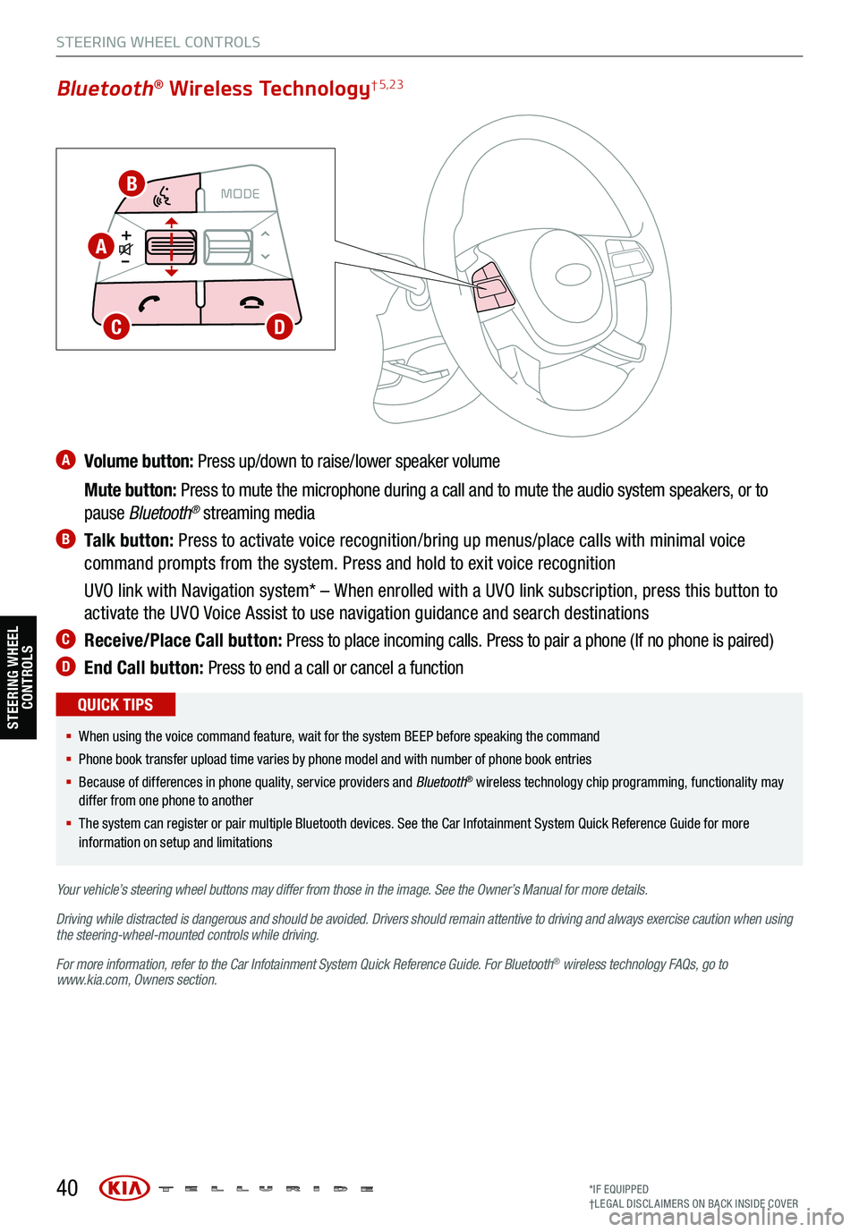 KIA TELLURIDE 2021 Features and Functions Guide A Volume button: Press up/down to raise/lower speaker volume
Mute button: Press to mute the microphone during a call and to mute the audio system speakers, or to
pause Bluetooth
® streaming me KIA TELLURIDE 2021 Features and Functions Guide A Volume button: Press up/down to raise/lower speaker volume
Mute button: Press to mute the microphone during a call and to mute the audio system speakers, or to
pause Bluetooth
® streaming me