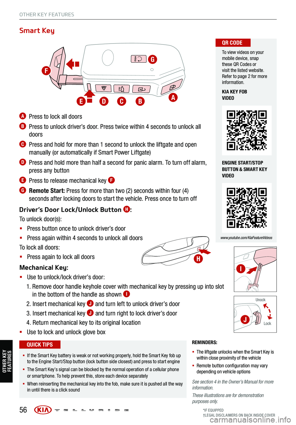 KIA TELLURIDE 2021 Features and Functions Guide 56
REMINDERS:
§ The liftgate unlocks when the Smart Key is
within close proximity of the vehicle
§ Remote button configuration may vary
depending on vehicle options
See section 4 in the O KIA TELLURIDE 2021 Features and Functions Guide 56
REMINDERS:
§ The liftgate unlocks when the Smart Key is
within close proximity of the vehicle
§ Remote button configuration may vary
depending on vehicle options
See section 4 in the O