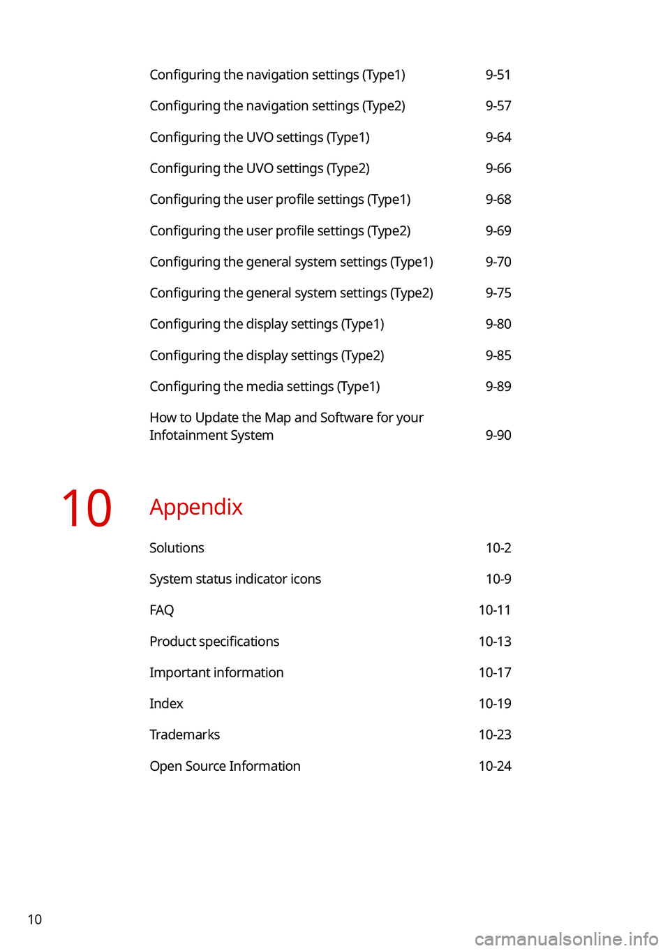 KIA TELLURIDE 2021 Navigation System Quick Reference Guide 10
Configuring the navigation settings (Type1) 9-51
Configuring the navigation settings (Type2) 9-57
Configuring the UVO settings (Type1) 9-64
Configuring the UVO settings (Type2) 9-66
Configuring the KIA TELLURIDE 2021 Navigation System Quick Reference Guide 10
Configuring the navigation settings (Type1) 9-51
Configuring the navigation settings (Type2) 9-57
Configuring the UVO settings (Type1) 9-64
Configuring the UVO settings (Type2) 9-66
Configuring the