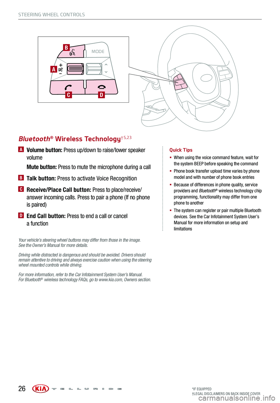 KIA TELLURIDE 2020 Features and Functions Guide A Volume button: Press up/down to raise/lower speaker
volume
Mute button: Press to mute the microphone during a call
B Talk button: Press to activate Voice Recognition
C Receive/Place Call bu KIA TELLURIDE 2020 Features and Functions Guide A Volume button: Press up/down to raise/lower speaker
volume
Mute button: Press to mute the microphone during a call
B Talk button: Press to activate Voice Recognition
C Receive/Place Call bu